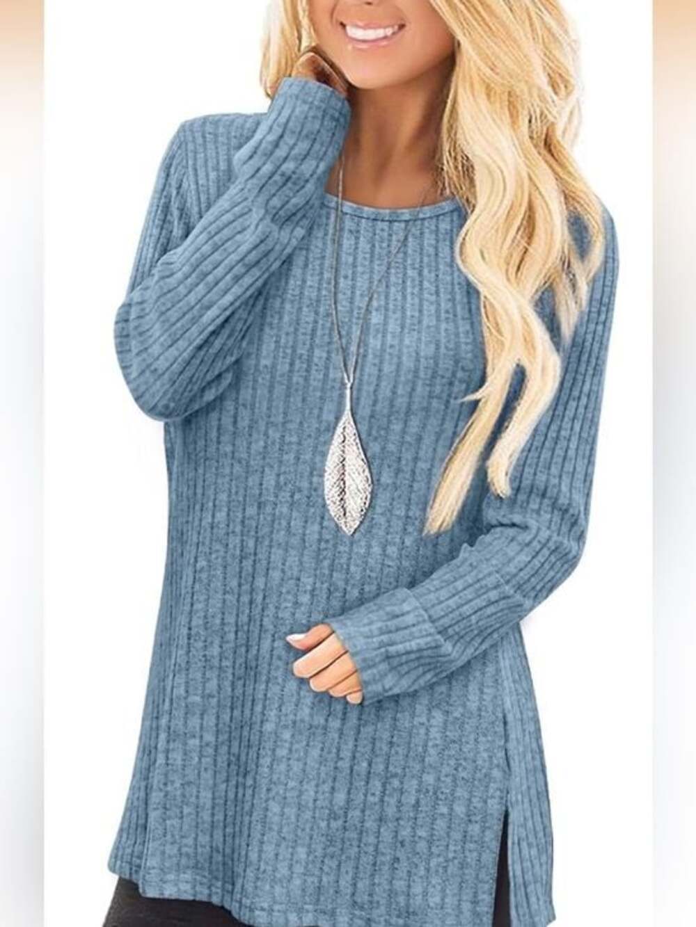 Jescakoo Blue Ribbed Long Sleeve Tunic Top Women Medium Side Slit Casual Stretch